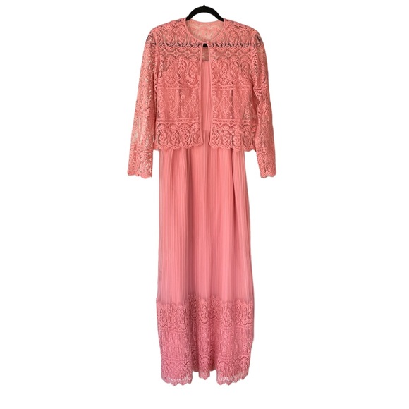 Vintage Miss Elliette California Pink Maxi Dress Matching Lace Jacket Shrug Set - Picture 7 of 13